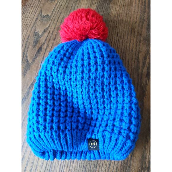 UNDER ARMOUR USA Blue Red Pom Beanie Hat Infrared Technology Patriotic Winter - Picture 2 of 5